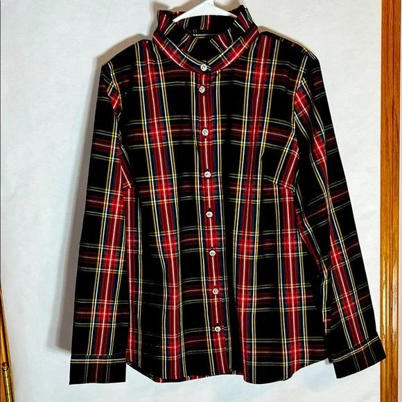 J. Crew Red, Black, Green and Gold Plaid Rhinestone Button-Down Shirt Size XL - Picture 1 of 14